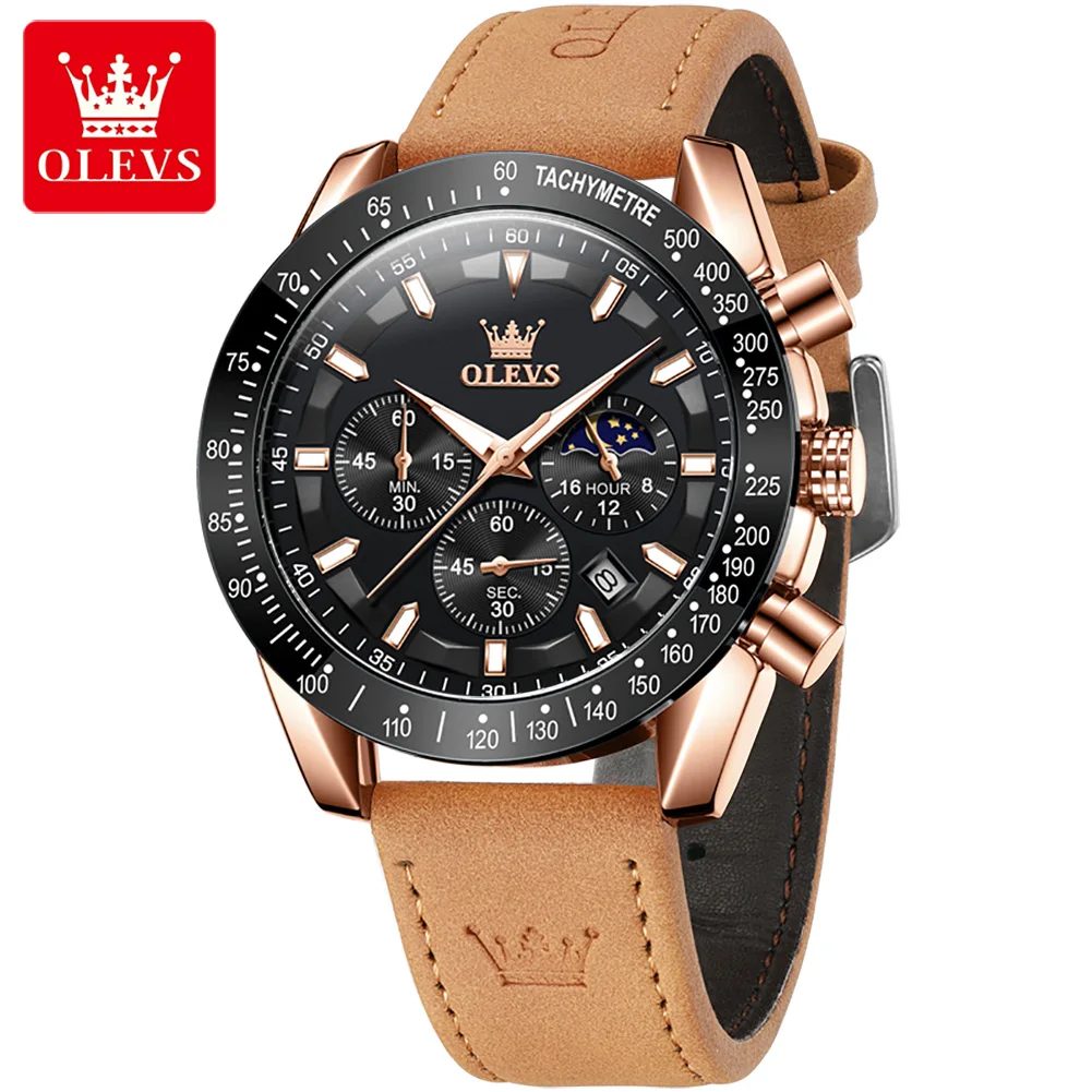 OLEVS 9957 Original Quartz Man Watch Moon Phase Chronograph Waterproof Leather Strap Sport Wristwatch Luxury Brand Men\'s Watches