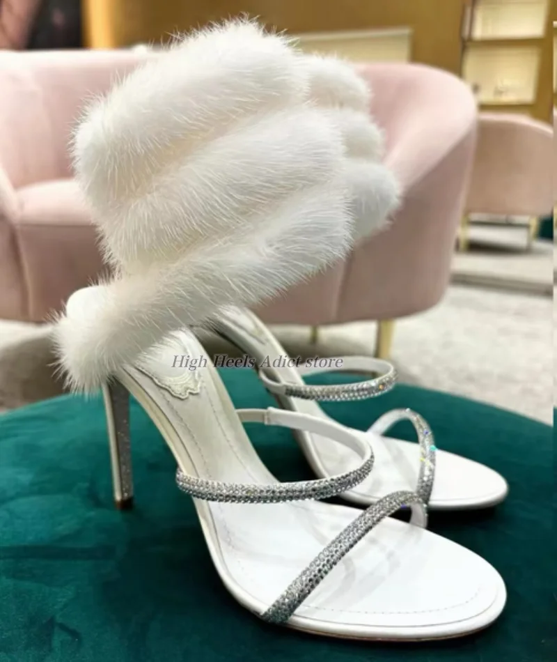 2026 New in fur ankle warp white sandals sexy crystal rabbit hair leather high heels luxury designer party quality shoes