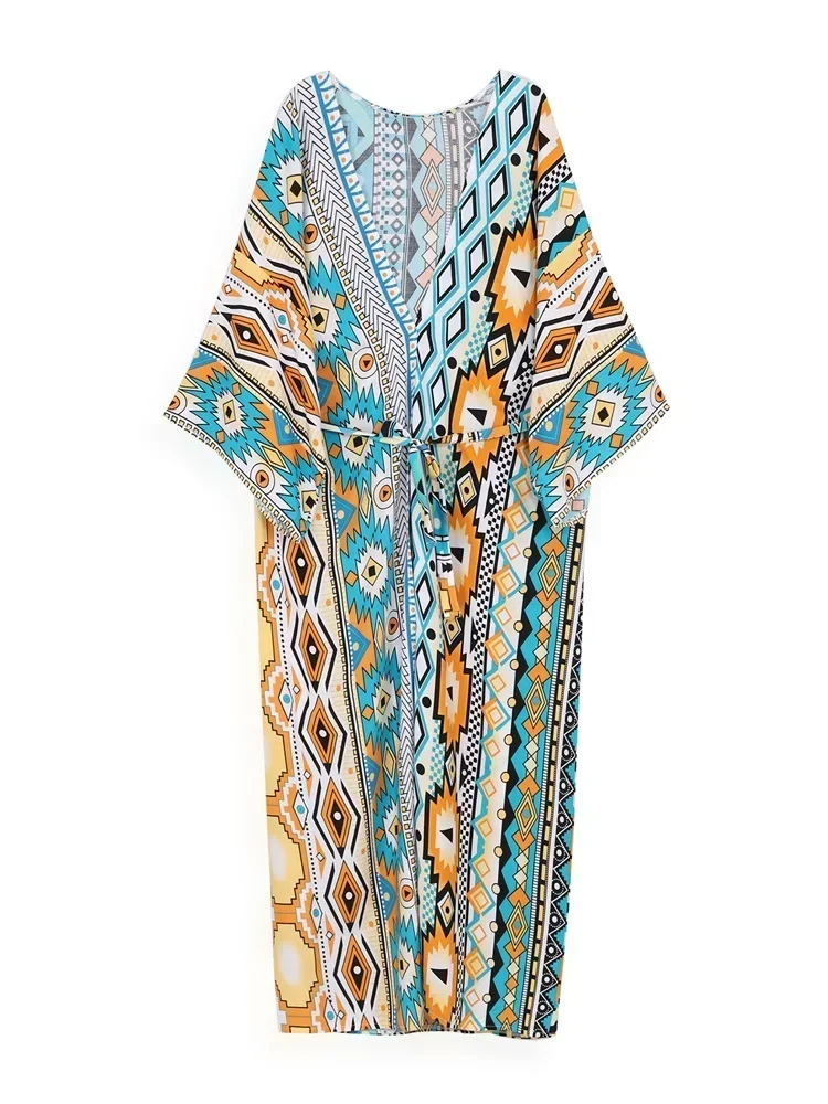 Robe Kimono Chic imprimée pour femmes, grande taille, ceinturée, tunique, Sexy, Cover-up pour les maillots de bain, Robe de maison, vacances, plage, tenue de fête, Q1414, 2024