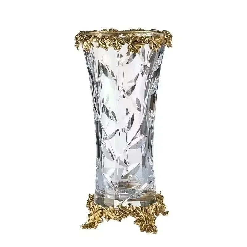 European and American pure copper crystal glass vase hydroponic transparent flower insert high-end luxury living room decoration
