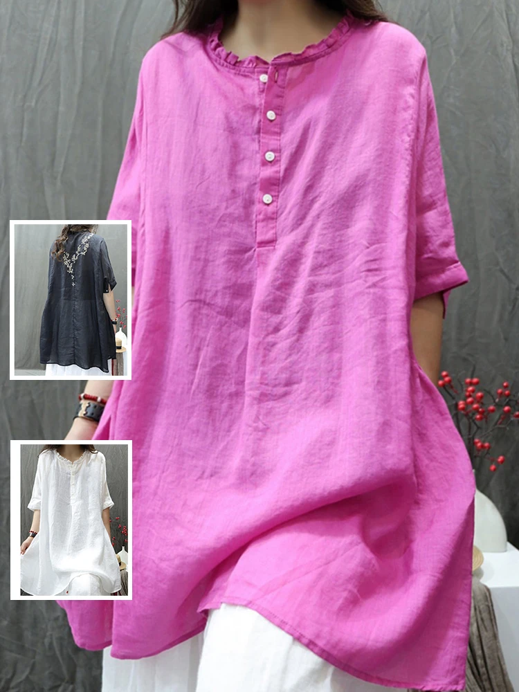 

Plus Size Thin Embroidered irt Large Size Women's Mid-Length Crew Ne Overhead Summer Cotton Polyester Blend Casual Commute Sle