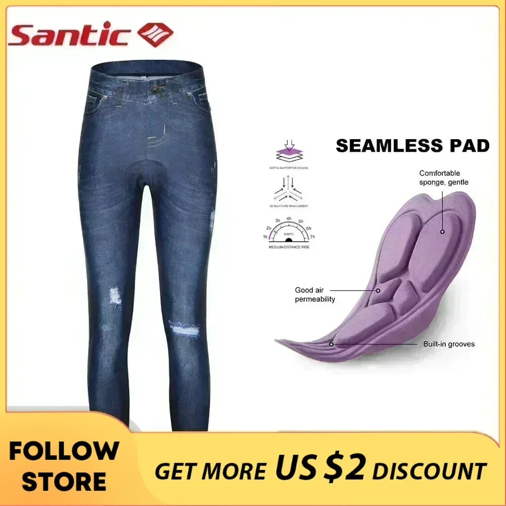 Santic Women Cycling Pants Summer MTB Bike Padded Long Tights High Elastic Imitation Denim Bicycle Riding Leggings Asian Size