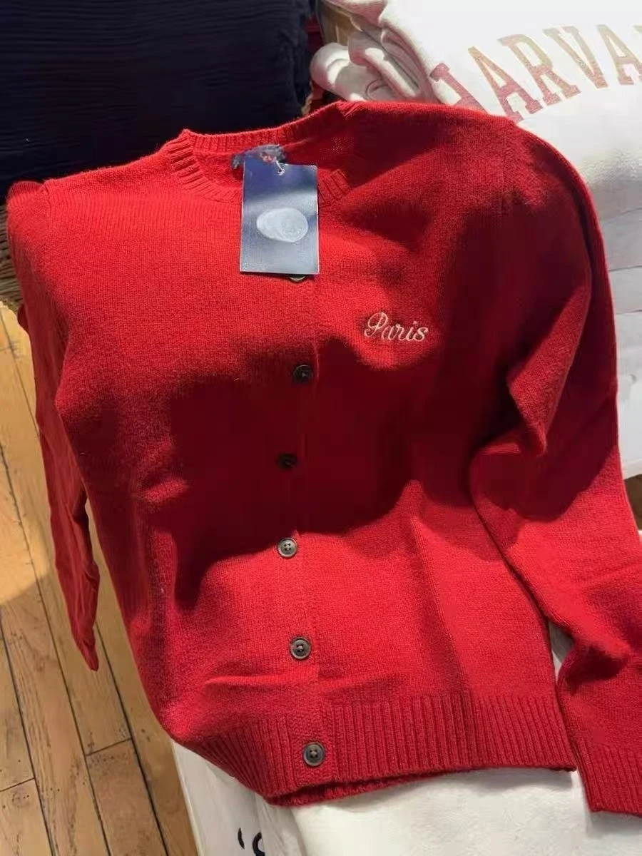 Cardigan lavorato a maglia con ricamo a lettera Donna Nuovo maglione monopetto con scollo a O Capispalla Streetwear Moda maglione rosso a maniche lunghe Y2k