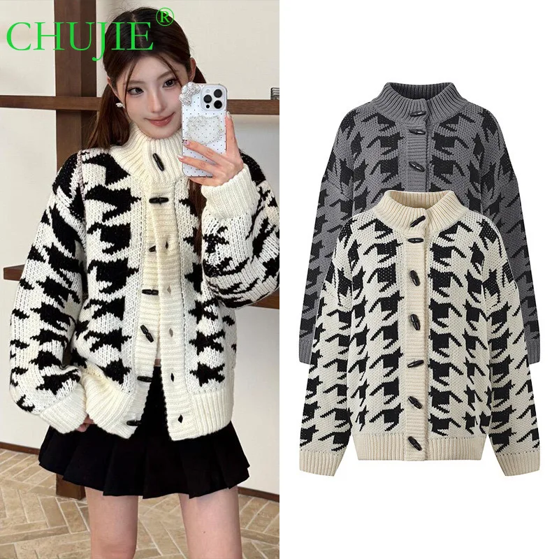 

CHUJIE 2025 Autumn/Winter New Style Stand-Collar Houndstooth Jacquard Loose Casual Versatile Knitted Cardigan Sweater Coat