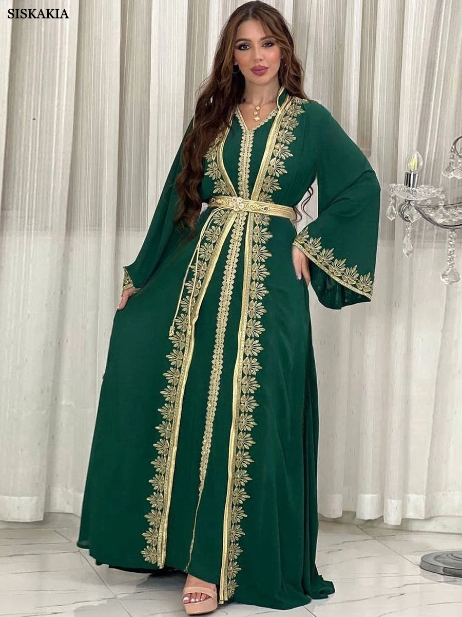 Siskakia Dubai Muslim Abayas Two Piece Set With Belt And Tape Trim V-Neck Mesh Long Dresses Moroccan Saudi Kebaya Fashion 2024