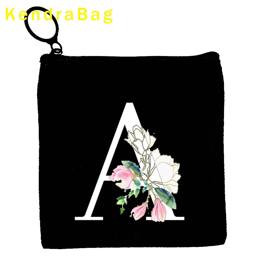 Pretty Flower Black White Initial Letter A to Z Floral Monogram Alphabet Gifts Canvas Bags Coin Purse Key Case Bags Wallet Pouch