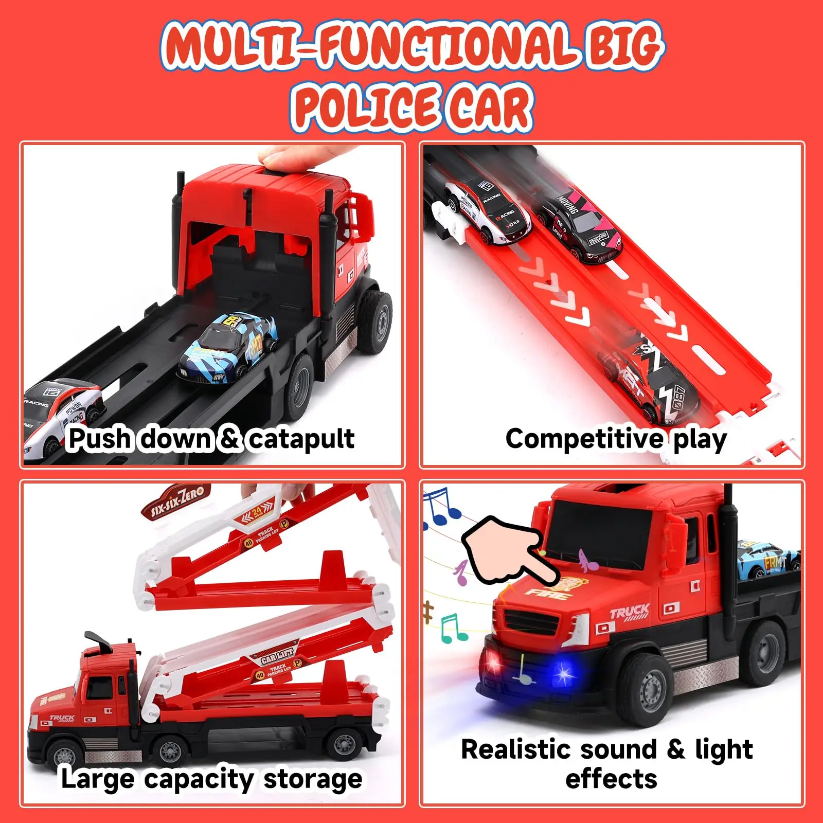 TALGIC Car Transporter Toy Truck for Toddlers 3-5 with 55-Inch Ejection Race Track with 6 Race Cars Gift for Kids Ages 3-5, 4-8