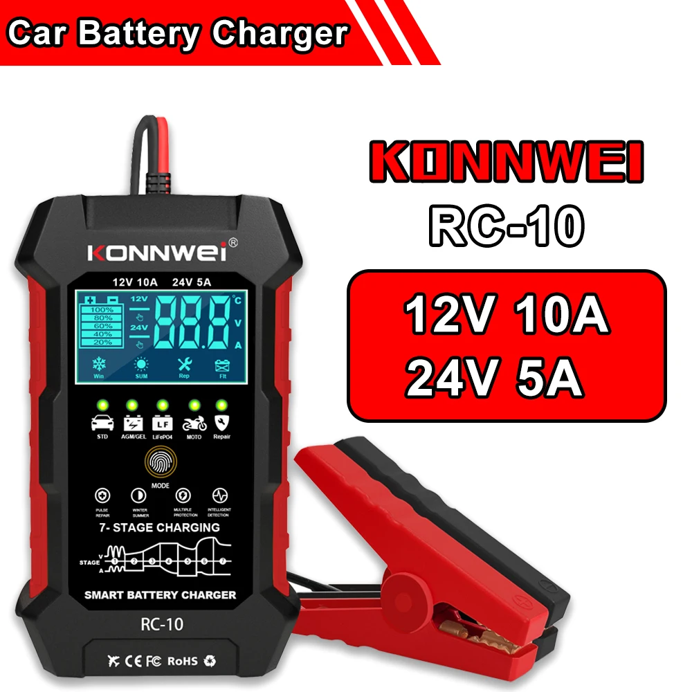 KONNWEI RC-10 12V 10 A 24V 5A Car Battery Charger Full Automatic Fast Charging Pulse Repair Battery Charger Lead Acid AGM Gel