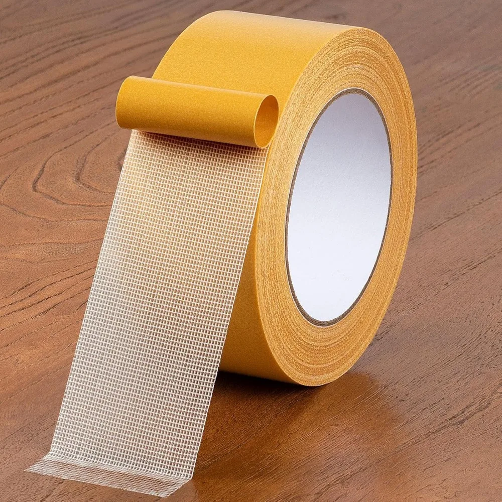 1 Roll Grid Fiberglass Double Sided Tape, 0.78 Inch X 32.8 Ft Heavy Duty Mesh Reinforced Two-Sided Adhesive Tape, No Residue Waterproof Mounting Tape for Carpet Craft Home Decor Poster DIY