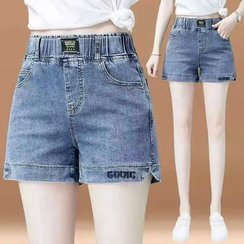 2024 Summer New High Waist Denim Shorts Women\'s Korean Edition Large Size Slim Elastic Wide Leg Pants Embroidered Hot Pants For