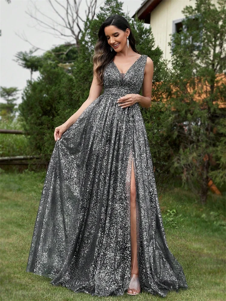 Luxury V-neck Sequins Evening Dress For Long Elegant Women Mermaid Party Mermaid Prom 2025 Split Cocktail Dress