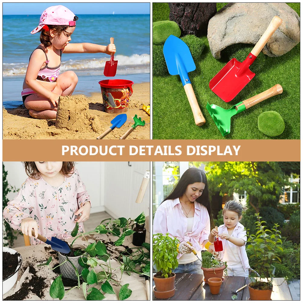 Robustes Holzgriff-Pflanzwerkzeug für Kinder, 4-teilig, Gartenskelle, Gabel, Rechen-Set, Metallkonstruktion, zum Spielen im Freien, Strandspielzeug