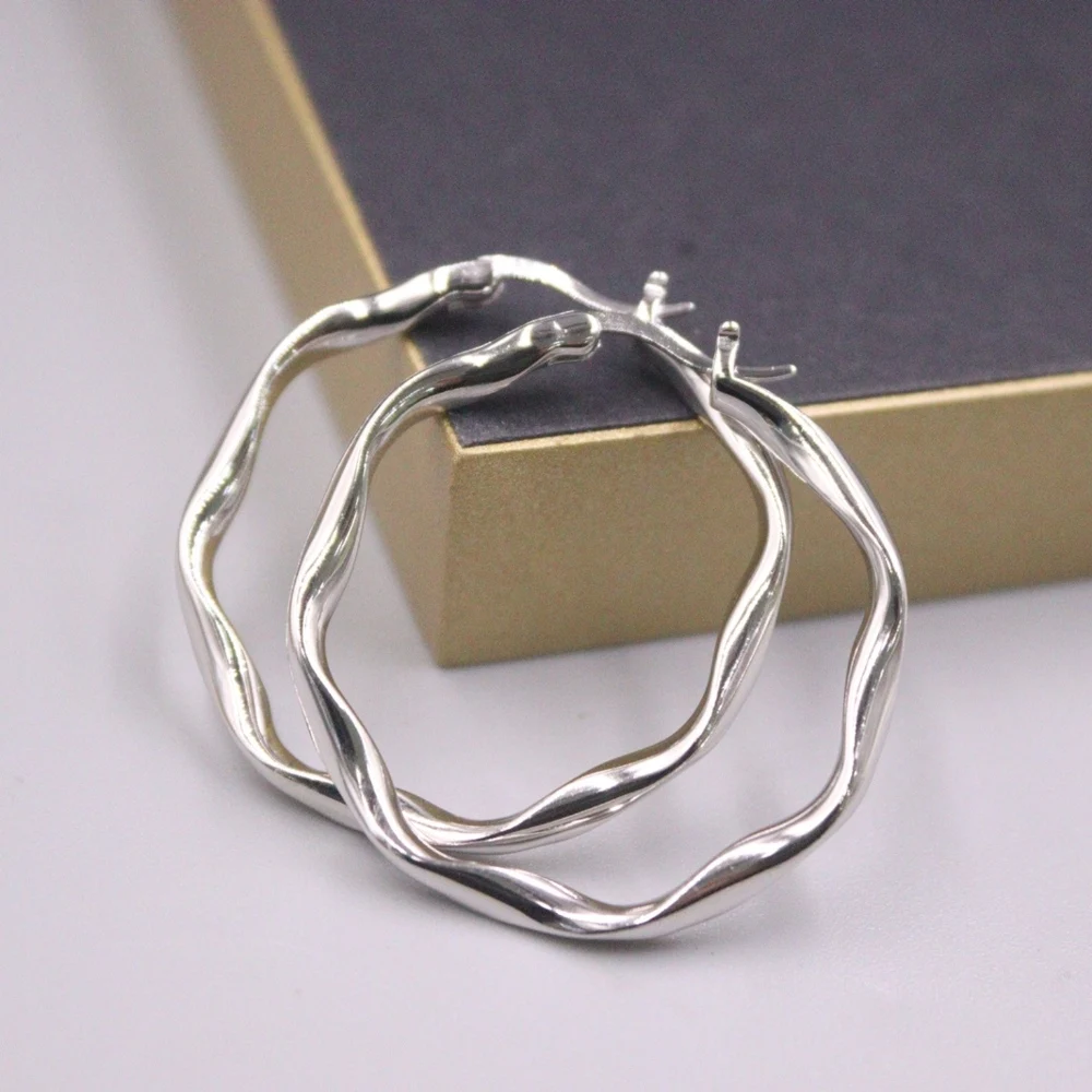 Real Solid 925 Sterling Silver Hoop Men Women Gift Lucky Wavy Twist Smooth Glossy Earrings