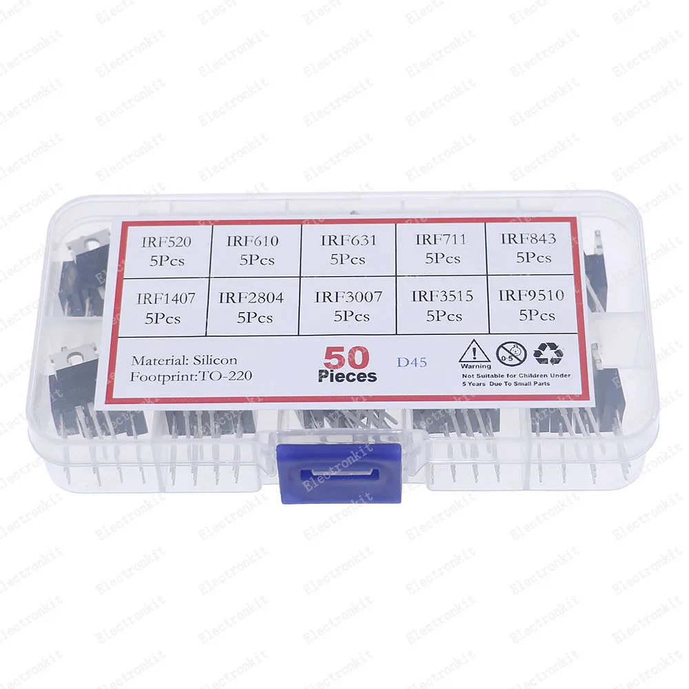 50Pcs 10Values TO-220 Mosfet Transistor Kit Box IRF520 IRF610 IRF631 IRF711 IRF843 IRF1470 IRF2804 IRF3007 IRF3515 IRF9510