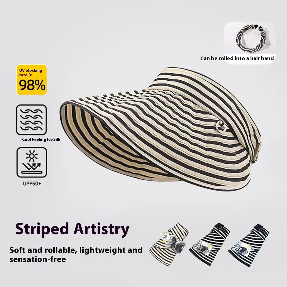 Wide Brim Striped Sun Hats Women Outdoor Summer Sun UV Protection Empty Wide Brim Visor Cap Foldable Light Weight