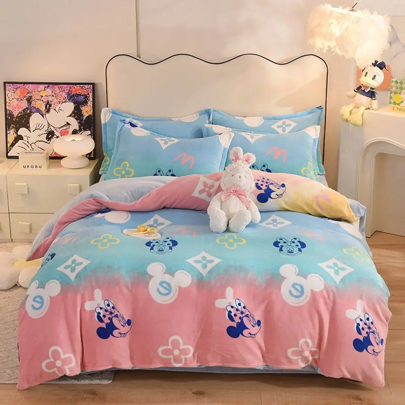 Lotso Mickey Minnie Pooh Bear Stellalou Creative Cartoon Print Thickened Soft Milk Velvet Sheets and Quilt Covers Four-piece Set