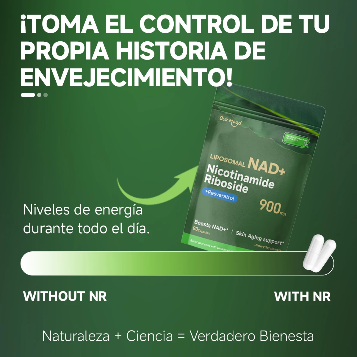 Quitmood Nr900 - معزز ليبوسومال ناد + معزز مع ريبوسيد النيكوتيناميد والريزفيراترول والت Quercetin - مكمل عالي النقاء مضاد للشيخوخة للبشرة والطاقة - 60 كبسولة