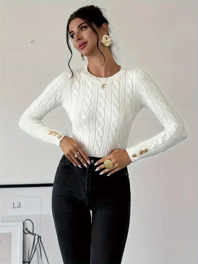 Faionable décontracté tricoté pull rond Ne torsadé haut en laine femmes coupe ajustée longue Sve Crew Ne pull automne 2025