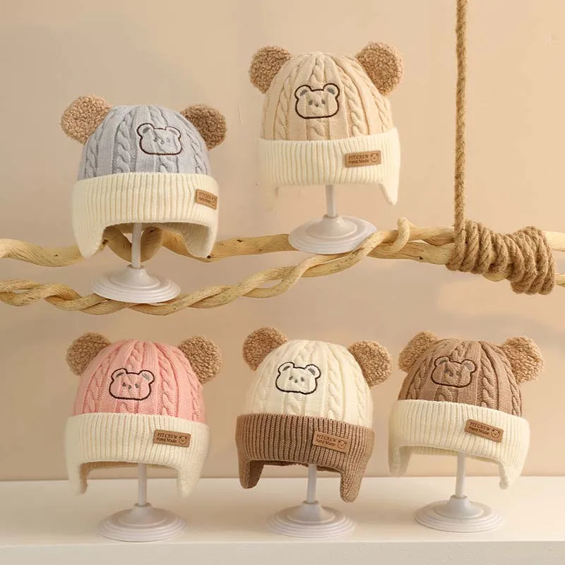Niedlichen Bären Baby Gehörschutz Hut Winter warme Säugling Strick mütze koreanische Cartoon Kinder Ohren schützer Hüte Kleinkind Junge Mädchen Wolle Mützen