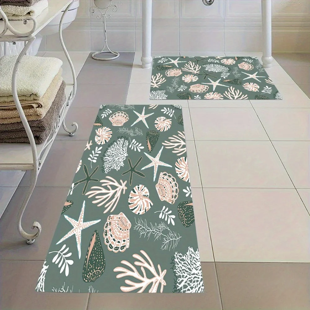 2pcs/ 3pcs/ Set Illustration of Green Marine Organisms Printed Bathroom Floor Mat Set, Home Decoration Area Carpet, Machine Wa