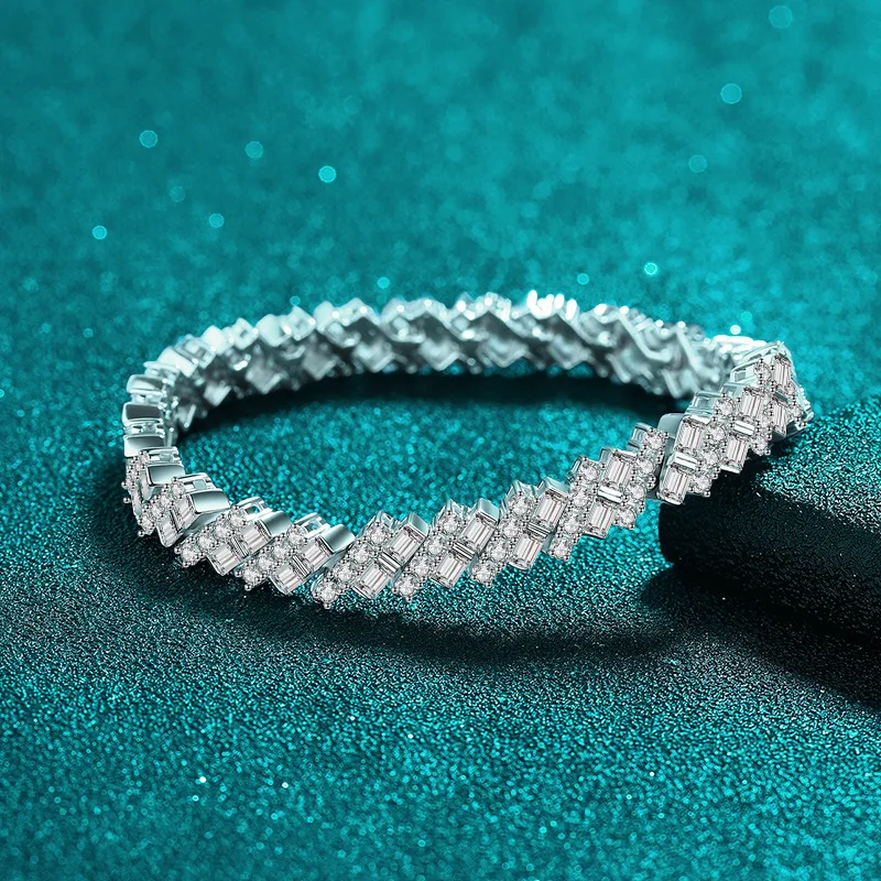 Luxury White Gold Women's PT950 Platinum Full Moissanite Bracelet, Chamfered Square Grains Star-studded Design