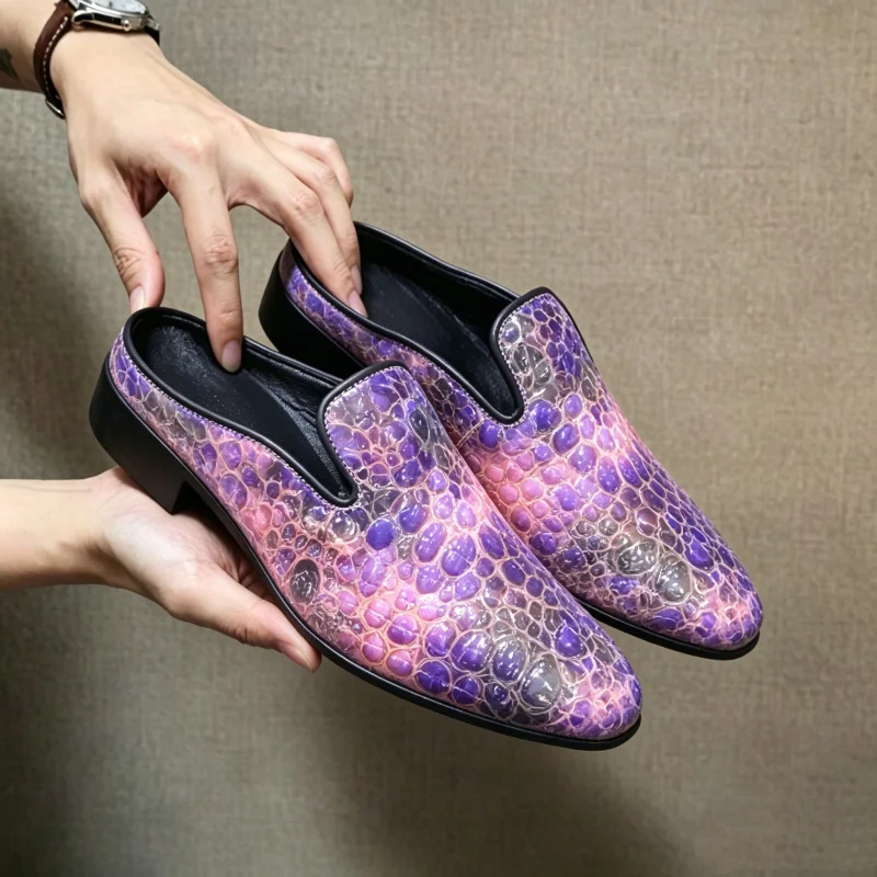 Men Pointed Toe Mule Loafers Crocodile Print Backless Slip On Leather Dress Shoes Men Half Slippers Party Wedding Footwear