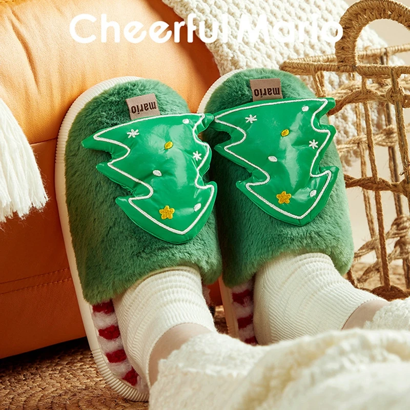 Suefunskry Kids Baby Winter Slippers Christmas Tree Fluffy Warm Plush Slippers Non Slip House Shoes for Toddlers Indoor Outdoor