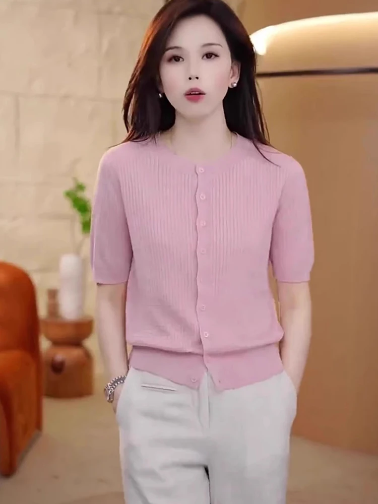 

Летний повседневный вязаный кардиган из ледяного шелка с круглым вырезом, на одной пуговице, однотонный, с коротким рукавом, женский вязаный топ