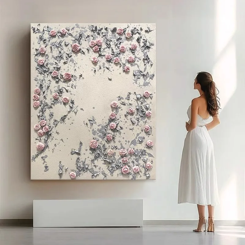Hand-painted oil painting, cream wind living room decorative painting, high-end three-dimensional flower porch texture painting