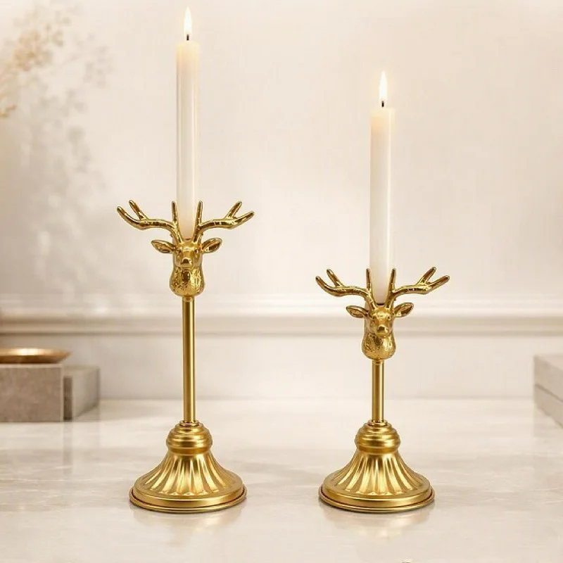 European Vintage Metal Deer Head Candle Holder Set Candlestick Atmosphere Decor for Holiday Wedding Tabletop Home Decoration