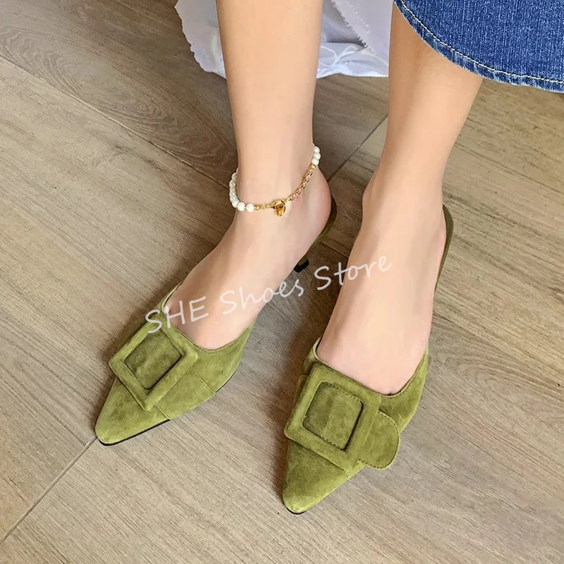 

French Style Square Buckle Women Muller Shoes Retro Pointed Toe Shallow Slingback Pumps Ladies Stiletto Slippers Summer Sandals