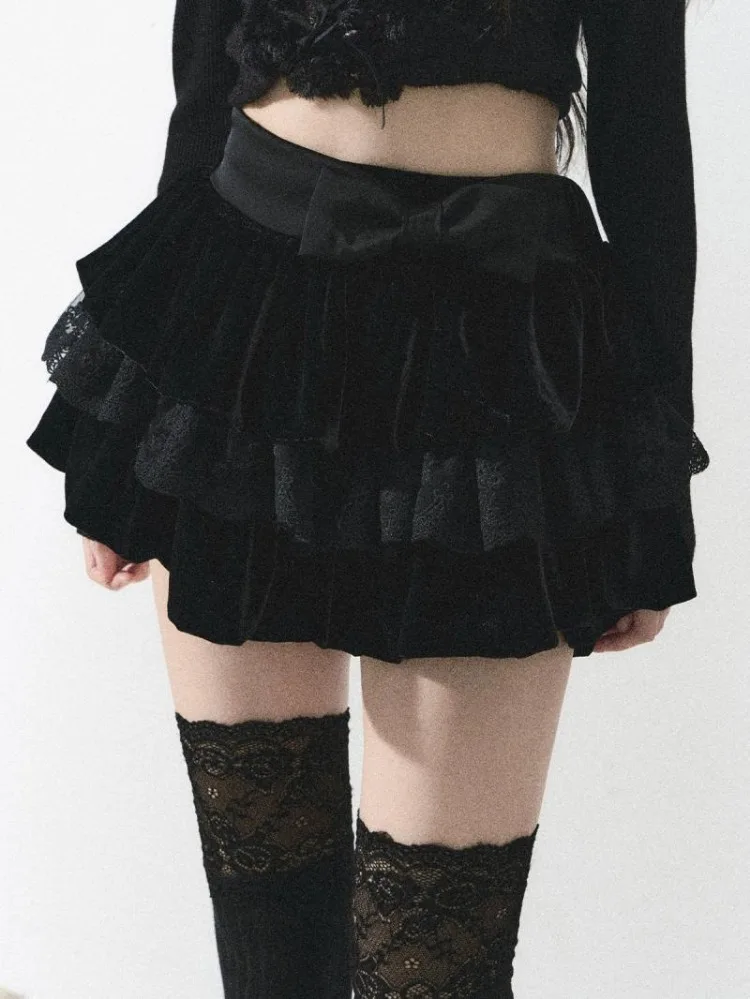 أنيقة الحلو القوس Hite تنورة دانتيل للنساء Y2k عالية الخصر Faldas Mujer موضة كل مباراة Ruched ألف خط كعكة التنانير