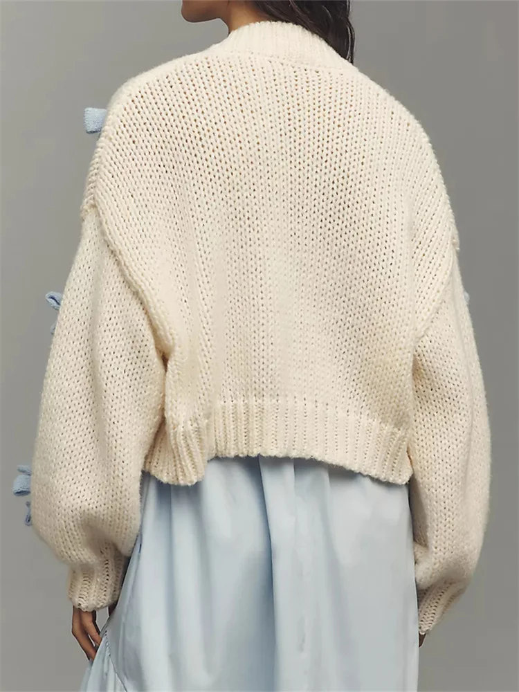 

Dourbesty Women Fall Spring Knitted Short Sweaters Cardigans Long Sleeve 3D Bowknot Patchwork Knitwear Jumpers Streetwear 2025