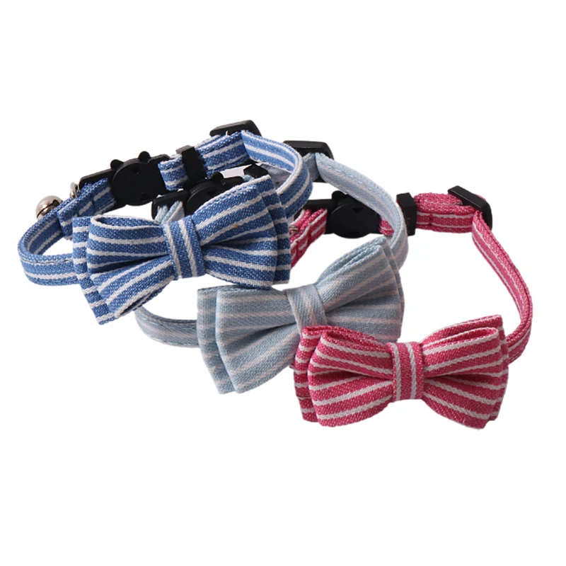 Bowknot Cute Cat Collar with Bell Stripe Gato Necklace Puppy Kitten Collier Chain Quick Release Denim Cloth Small Dog Collars