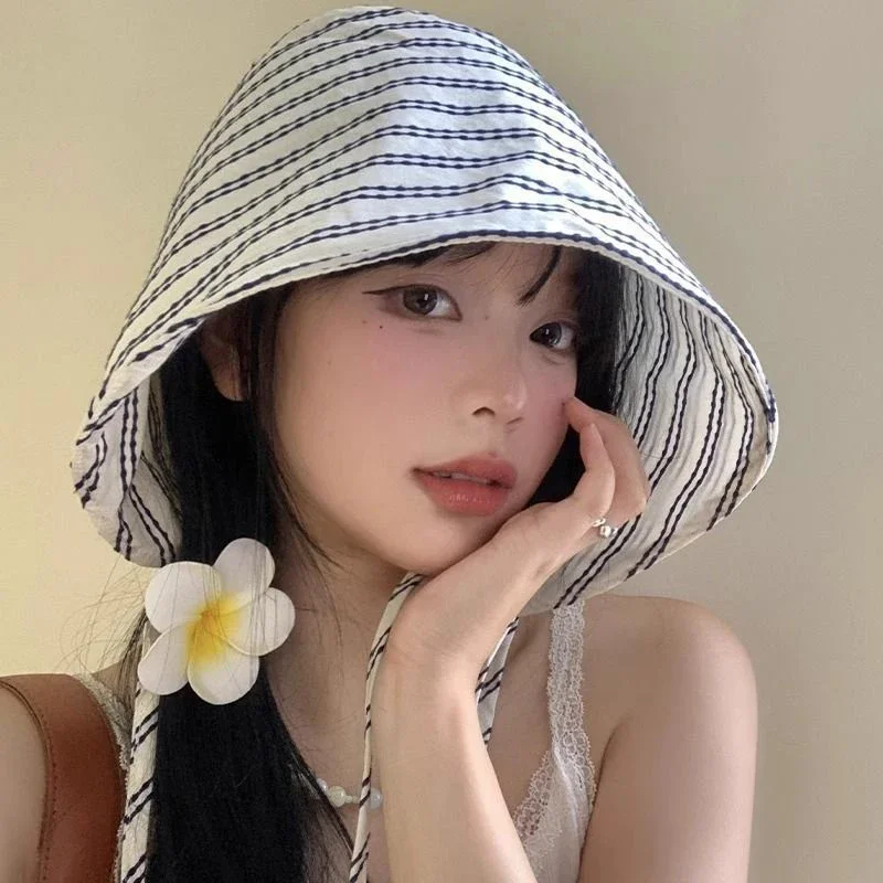여성용 스트링 접이식 챙 넓은 버킷햇, 한국 스트라이프 패턴 여성 파나마 밥 야외 해변 낚시꾼 모자