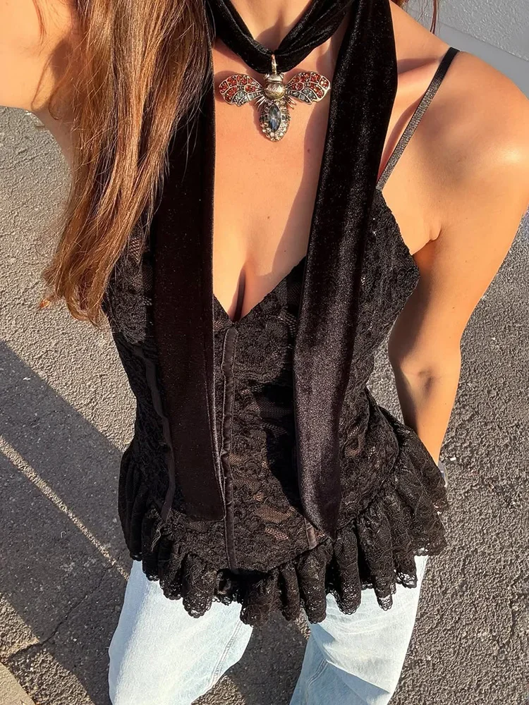 

Ticketsx Black Lace Camis Top Women Sexy Plunge Ruffles Patchwork Slim Top Fashion New Female Party Clubwear Y2K Streetwear Tops