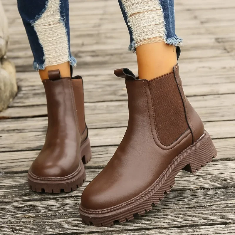 Chelsea Boots Women 2023 New Winter Fashion Round Toed Warm Ankle Boots Women PU Leather Platform Shoes for Women Zapatos