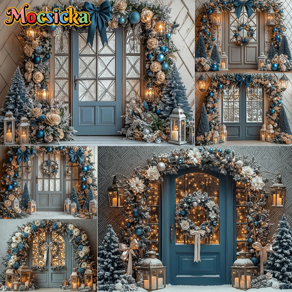 

Mocsicka Photography Backdrop Blue Garland Christmas Tree Decoration Family Xmas Holiday Portrait Backgrounds For Photographs