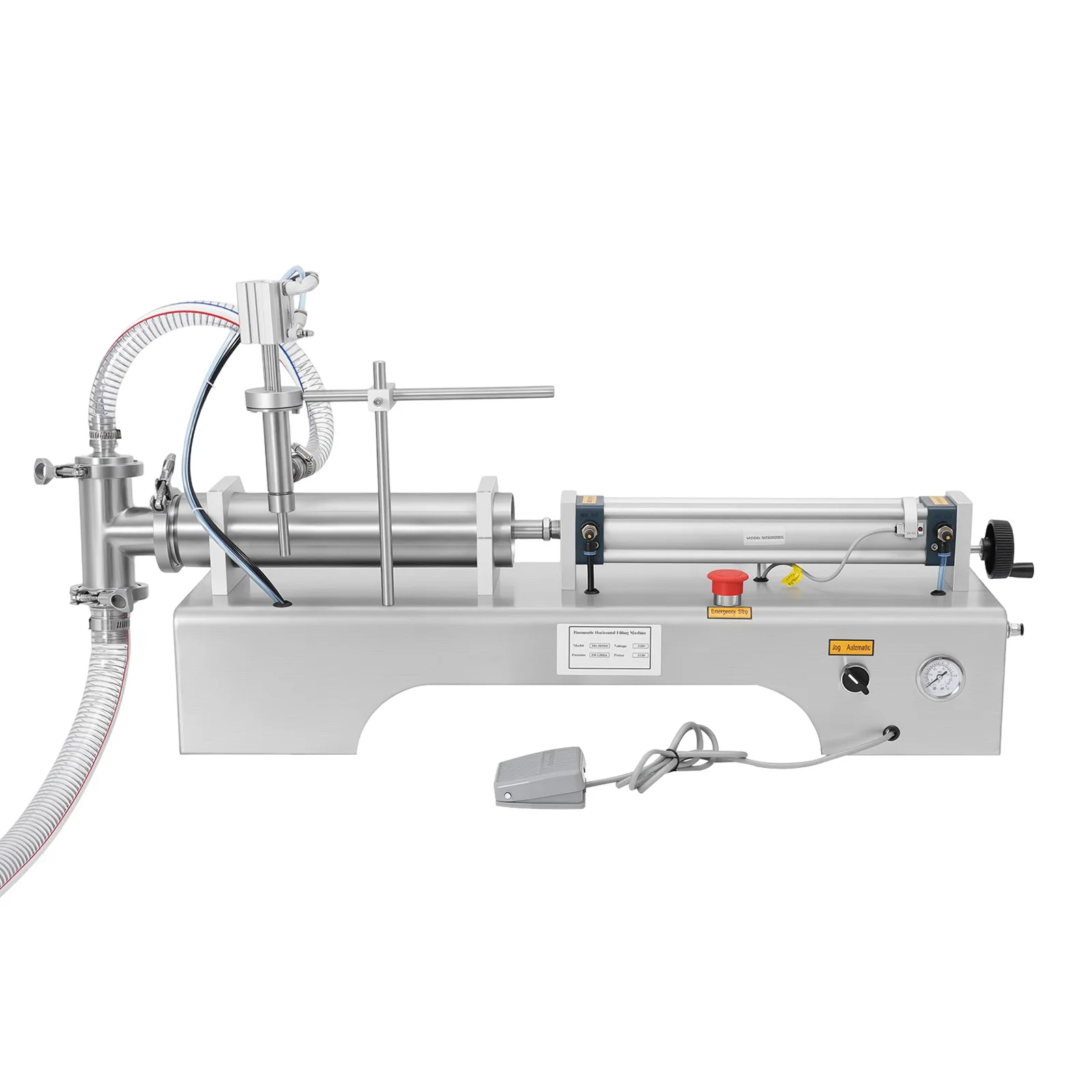 100-1000ml Horizontal Pneumatic Liquid Filling Machine, 40 Bottles/min Single Head Liquid Bottling Filler with Foot Switch and Barometer