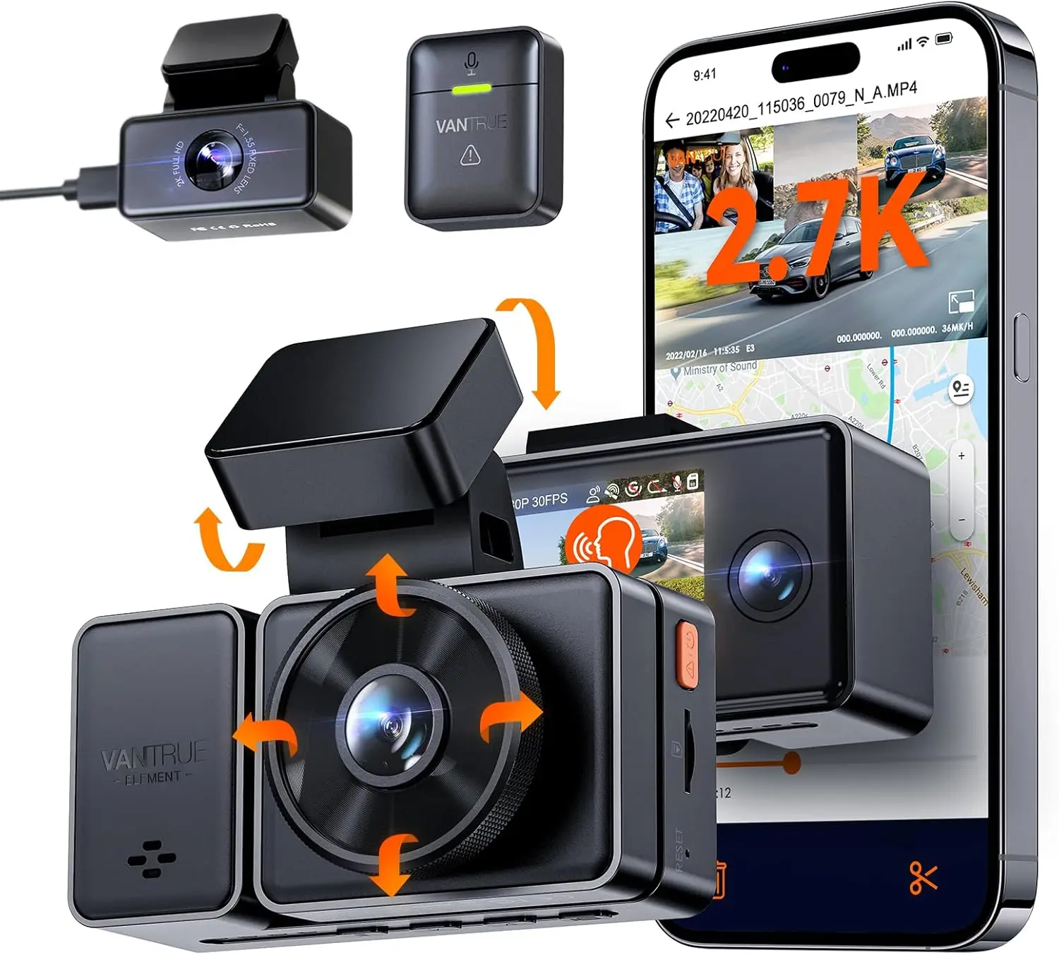 3 Channel 2.7K WiFi Dash Cam with GPS, Voice Control, Night Vision, 24 Hour Buffered Parking Mode, 3 Way 1