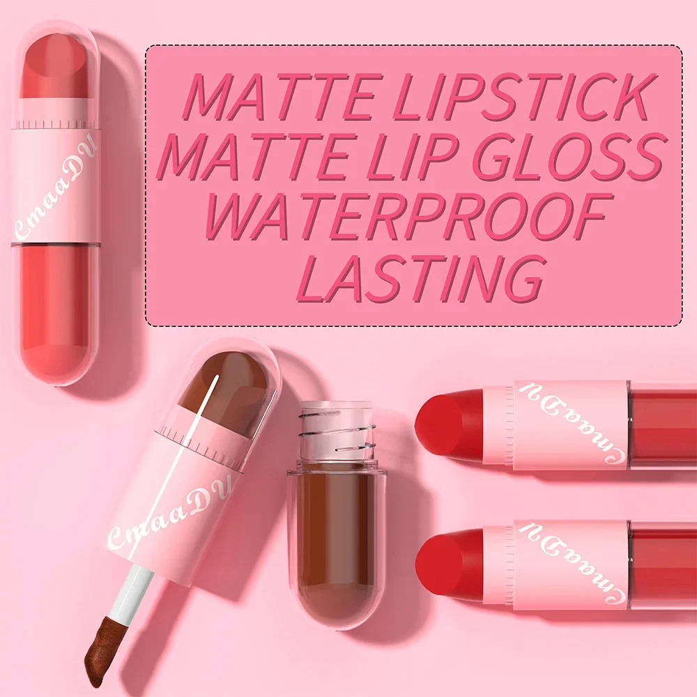 6 Kleuren 2 In 1 Matte Lippenstift Vloeibare Paarse Lip Glazuur Dubbele Kop Lip Make-Up Blijvende Waterdichte Fluwelen Sexy Donkerrode Lippenstiften