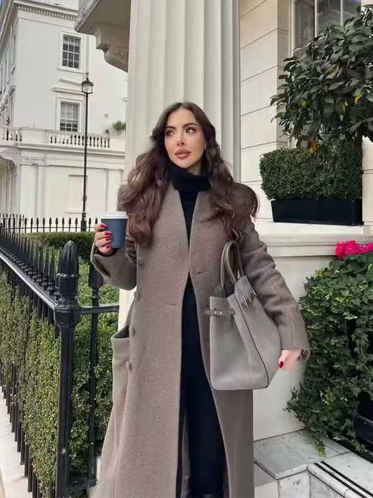 HH Woman Winter Fashion Stand Collar Single Row Of Side Buttons Tighten The Waist Shoulder Pads Commuting Casual Long Overcoat