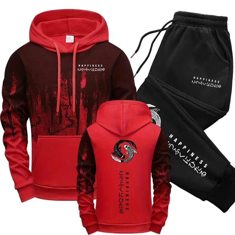 اليابانية موضة الرجال رياضية هوديس Sweatpants 2 قطعة مجموعة الخريف والشتاء اليومية عادية رياضي بدلة عدو الاتجاه الحضري وتتسابق