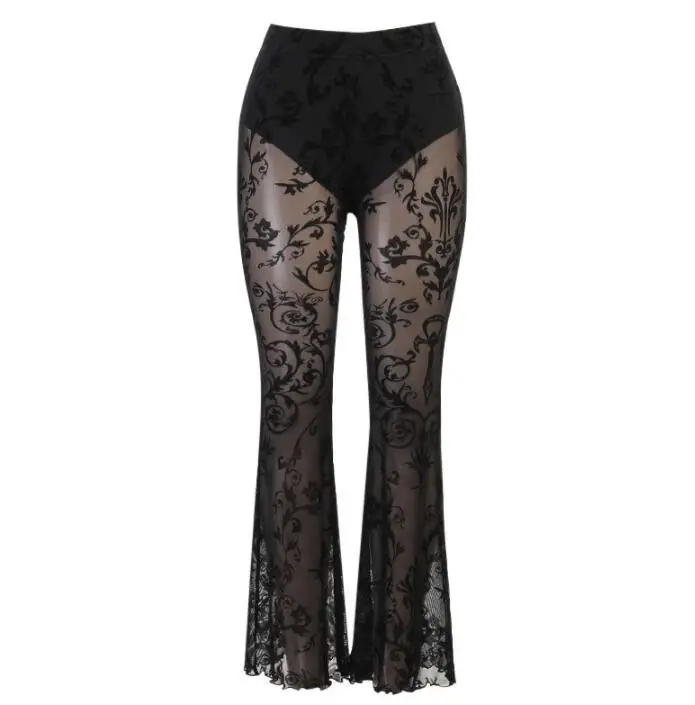 

Women Summer Sheer Lace Pants Flared Long Trouser Black Gothic Thin Translucent Mesh