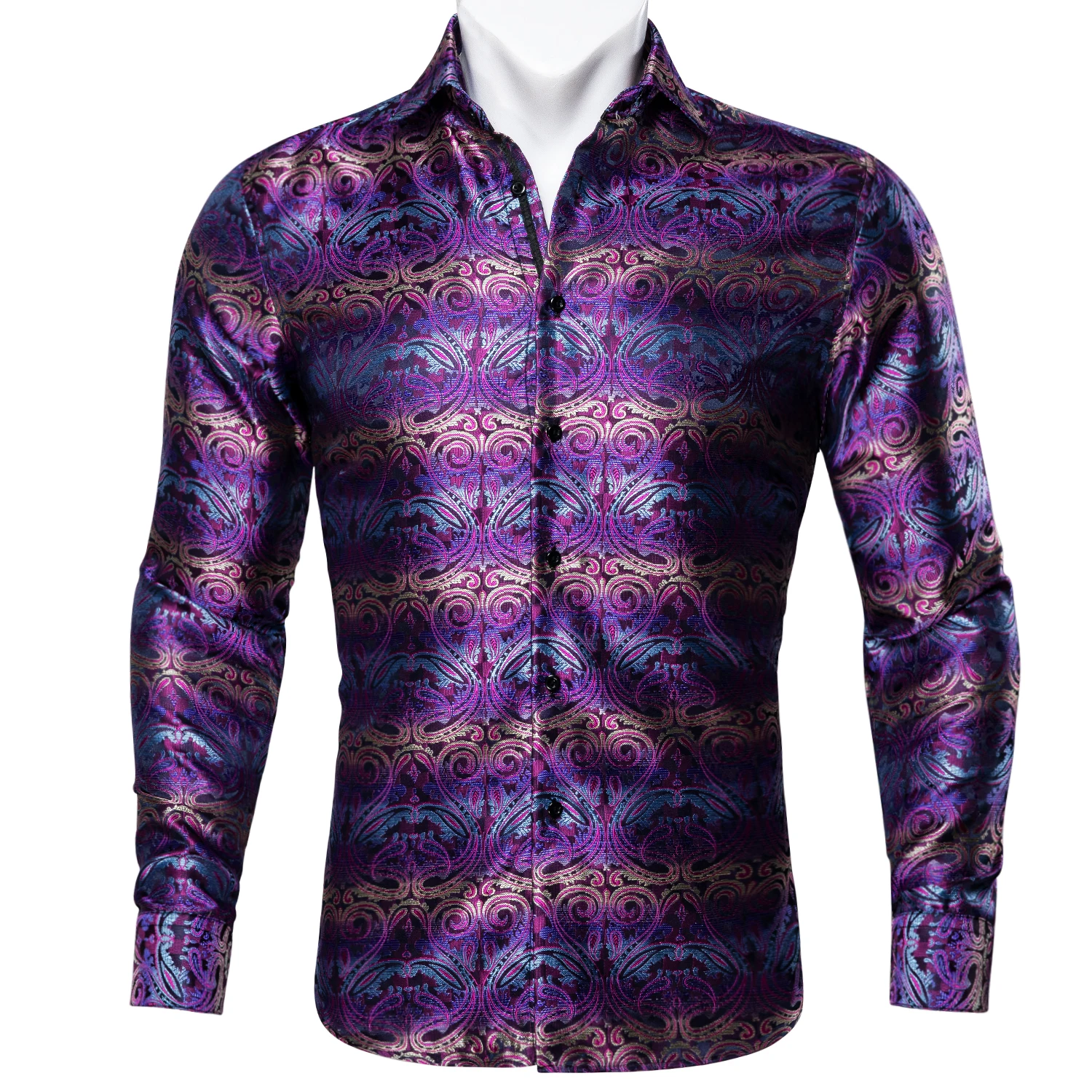 Barry.Wang 4XL Luxury Purple Paisley Silk Shirts Men Long Sleeve Casual Flower Shirts For Men Designer Fit Dress Shirt BY-0057