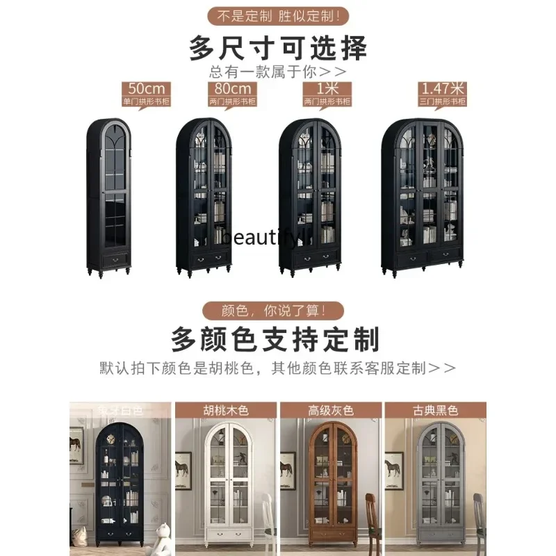 American arched bookcase solid wood with glass door retro double door storage storage display cabinet