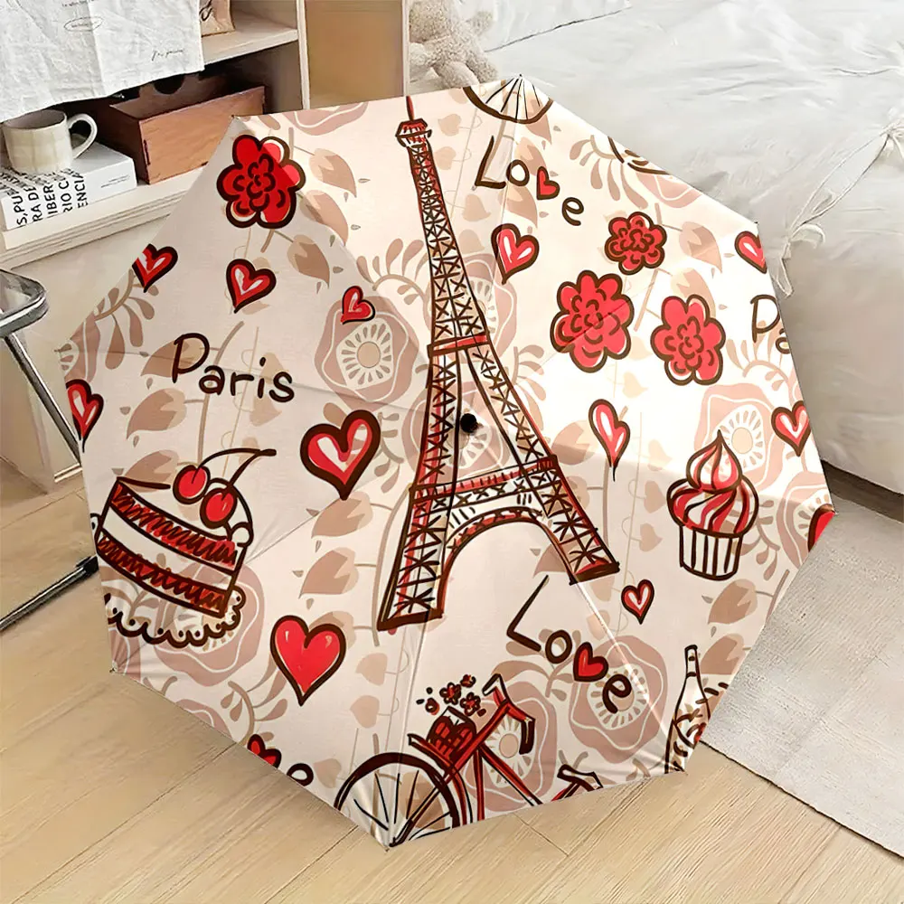 1PC Paris Love Umbrella with Eiffel Tower and Romantic Designs Print 8 Iron Ribs Folding Umbrella Auto-Open Fashion Sunshade