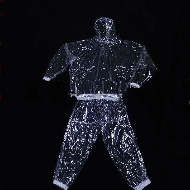 

Clear Transparent Long Sleeve Hooded Waterproof Rainproof Hoodie With Trouser Suit Live Show Dance Costumes Hip Hop Plastic Love