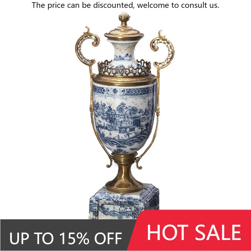 

Vintage Blue And White Porcelain Flower Vase Decor Brass Ornament For Home Accessories