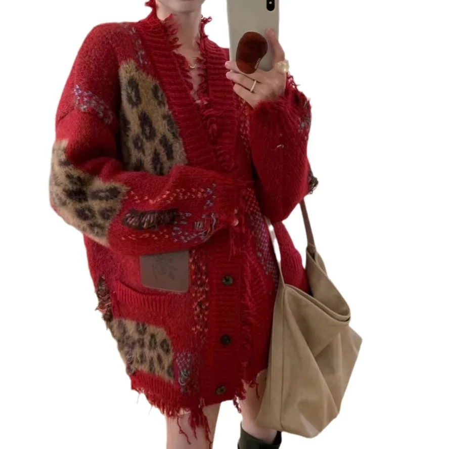 レディース レオパード柄 パッチワーク カーディガン ニット セーター Vネック 長袖 シングルブレスト ルーズ カジュアル エレガント オフィスレディー 2025年秋